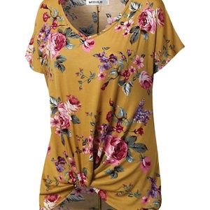 Doublju Mustard Floral Knot-Hem V-Neck 1X